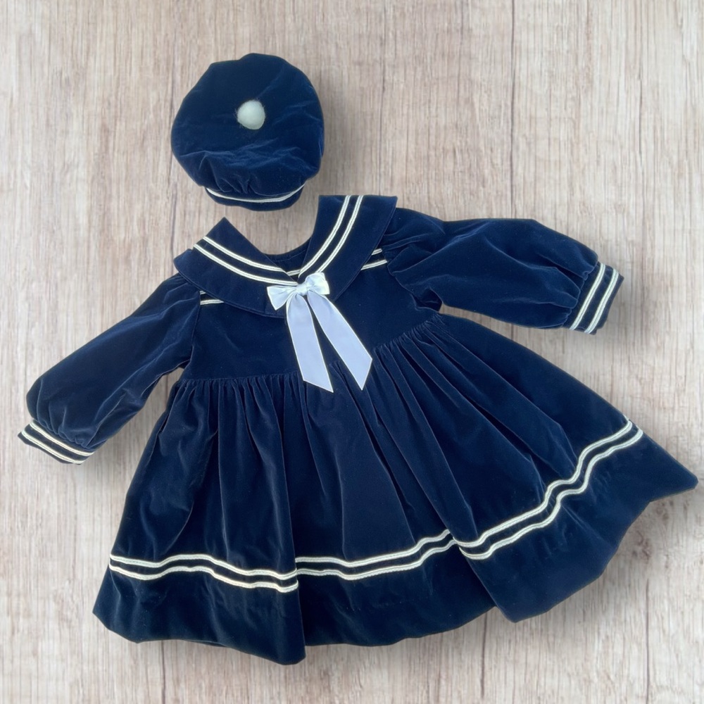 Vintage 12M Velvet Sailor Collar Bow Beret & Dress Blue & White Made in USA